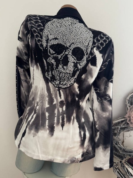 Blazer MISSY L 40 Neu Kurzblazer Skull Ketten Print Glitzer Strass Steinchen Nieten