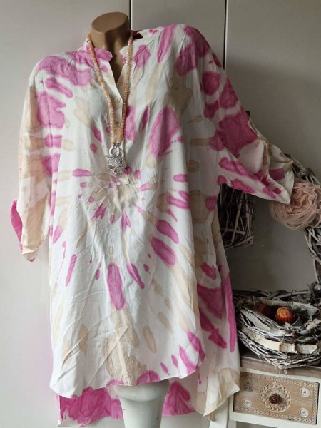 Long Tunika Hemdblusekleid Kleid 40-46 V-Neck Made in Italy beige pink gemustert NEU