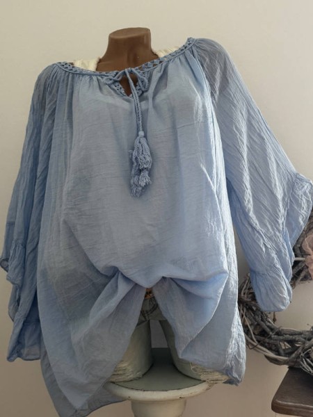 Tunika Bluse blau weite Ärmel Bindebändchen 38-48 Made in Italy Neu