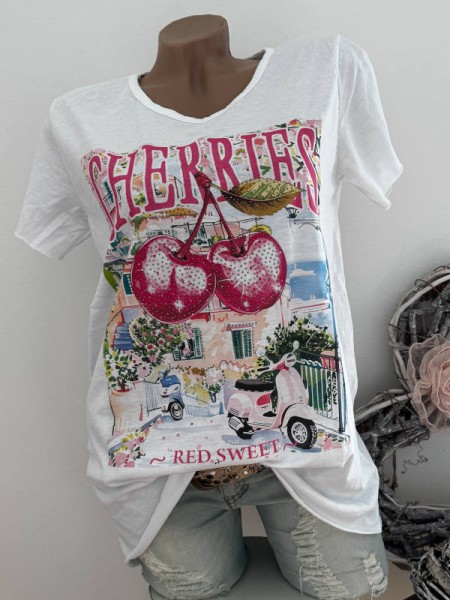 T-Shirt Shirt weiss Cherries/Kirschen 36 38 40 42 Italy Nieten NEU