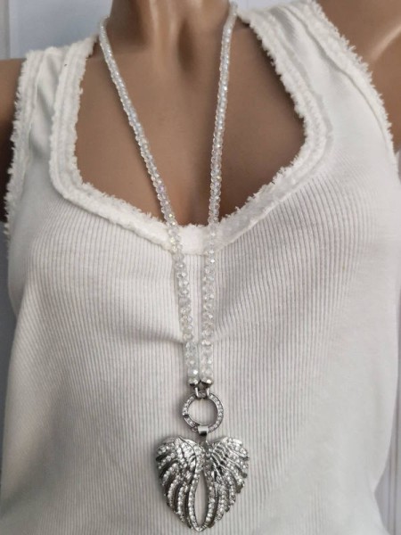 VARIO Halskette lang transparente Kristallperlen Kette mit Strass Glitzer "FLÜGEL" Anhänger Neu