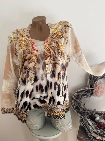 2tlg MISSY S/M 36 38 Jacke Cardigan + Glattstrick Longtop Glitzer cremebeige Leo gemustert