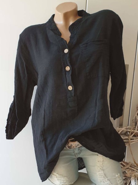 Tunika Bluse schwarz Hemdbluse Made in Italy 38-42 Musselin Leinenoptik