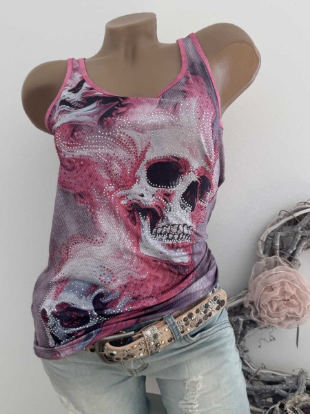Top M 38 Longtop MISSY Trägertop Totenkopf Skull pink bunt Glitzer Steinchen Nieten Neu