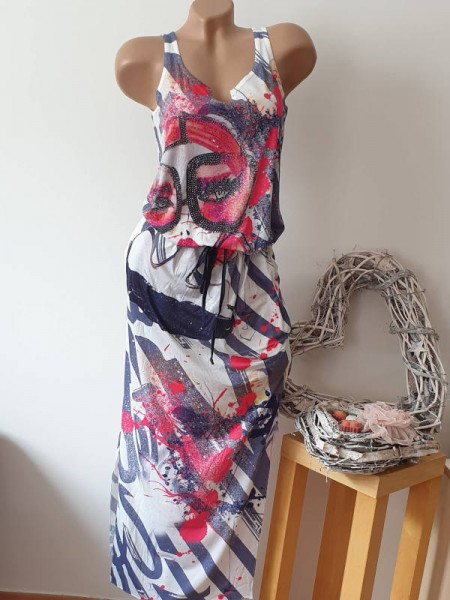 Maxikleid Frau mit Brille Print Kleid L 40 MISSY Tunnelzug tiefe Taille bunt