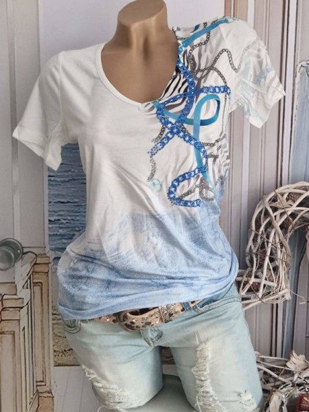 MISSY L 40 Tunika Shirt T-Shirt V-Neck weiss blau Glitzer Nieten NEU
