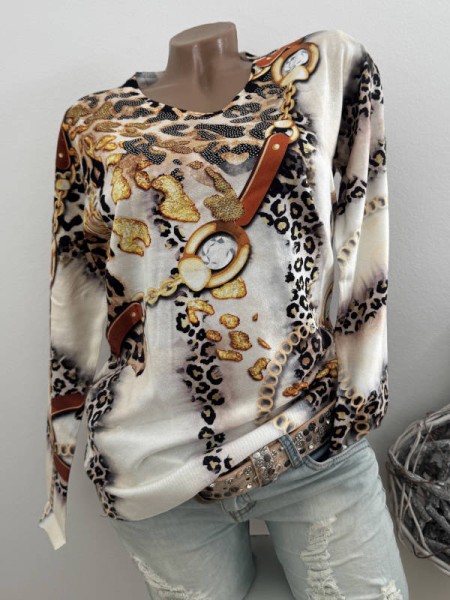 MISSY Pulli Pullover L/XL 40 42 weiss Ketten Leo Print Neu Glitzer Nieten