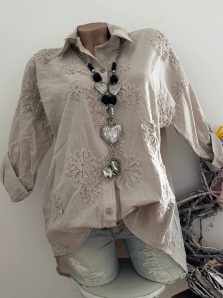 Stickerei 38-42 Tunika Bluse beige Hemdbluse Made in Italy NEU