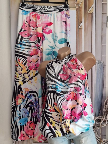 L 40 MISSY Top Tunika Ballonform Saumende Gummizug weiss bunt Animal floraler Print Glitzer hinten z