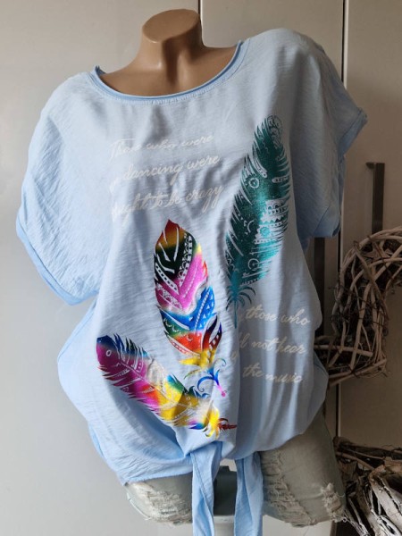 Kurzarm Tunika Shirt hellblau Print Made in Italy 38-42 NEU