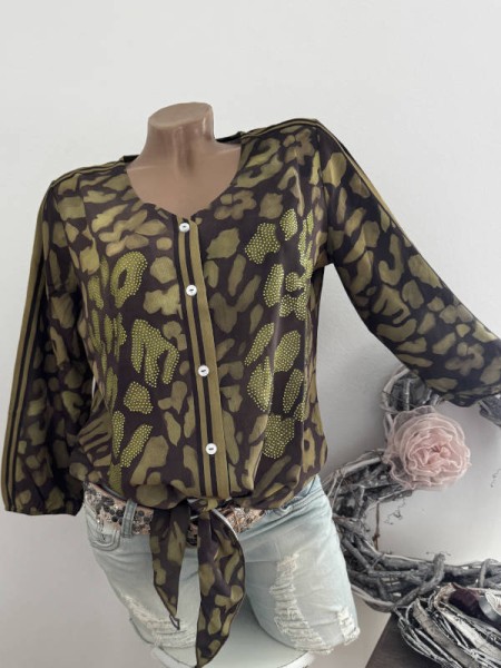 MISSY M 38 Hemdbluse Tunika Bluse hinten länger Leo oliv grau schwarz Glitzer Nieten NEU