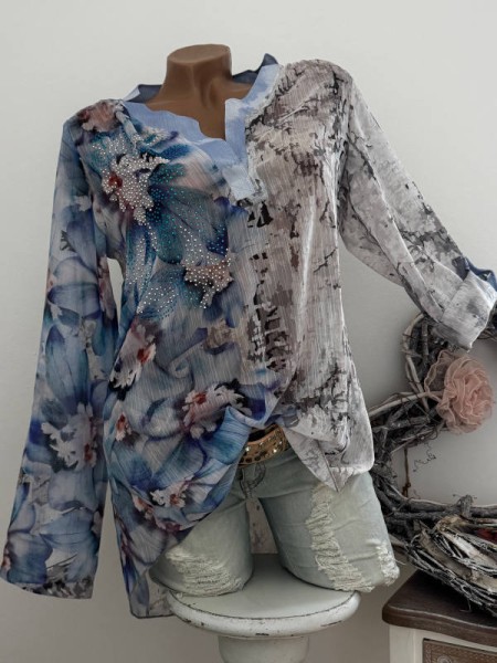 MISSY M 38 Tunika Bluse hinten länger Turn up Ärmel blau grau/weiss Floral hinten Spitze Glitzer