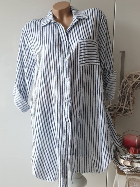 Long Hemdbluse Bluse Hemdblusenkleid Made in Italy weiss/dunkelblau Leinenoptik 38-42
