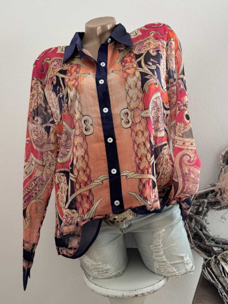 Bluse Missy M 38 Langarm Brokatprint schwarz coralle pink Neu GLitzersteinchen