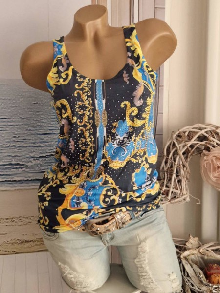 M 38 Longtop MISSY Top NEU Trägertop Shirt blau dunkelblau gelb Paisley Glitzer Nieten