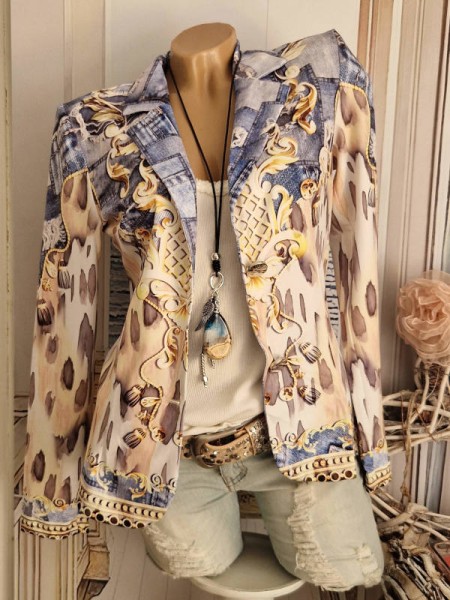 Kurzblazer MISSY Blazer XL 42 2 Knopf Jackett Ornamente Jeans Leo Troddeln Print Glitzer Nieten