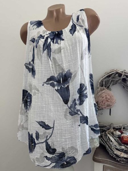 Ärmelloses Tunika Top 2-lagig 38-44 weiss floral Made in Italy Musselin Baumwolle Neu