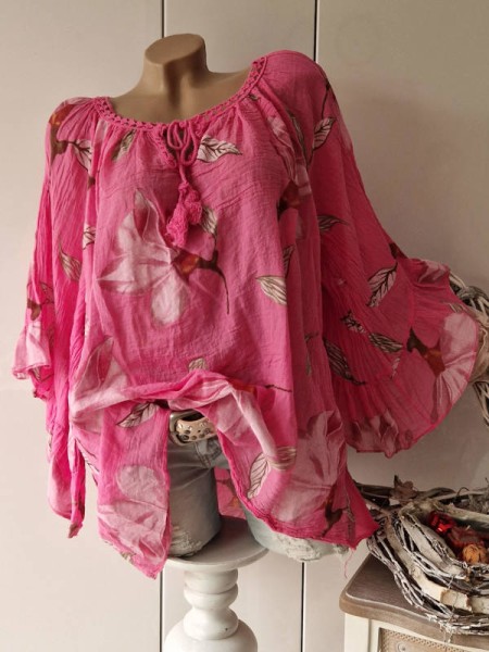 weite Ärmel pink floral Tunika Bluse 38-48 Baumwolle Made in Italy