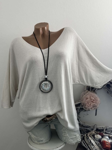 Tunika Glattstrick wollweiss Pullover Oversized Italy 38-42 Fledermausarm 1/2 Arm