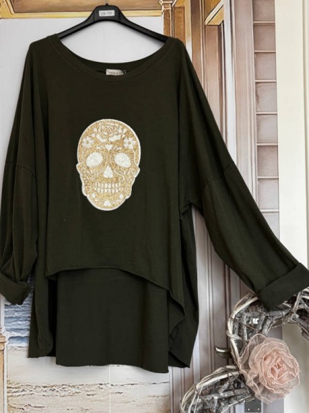 Vokuhila Longsleeve Tunika 42-44 Print Skull Made in Italy grün NEU