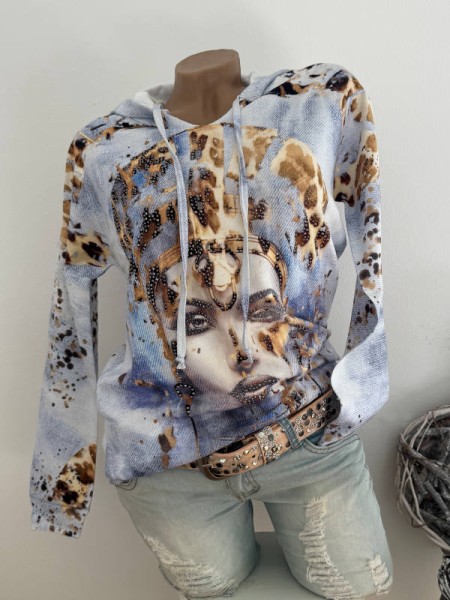 Kapuzenpulli Pullover S/M 36 38 MISSY Göttin Face jeans/Leo Print Neu Glitzer