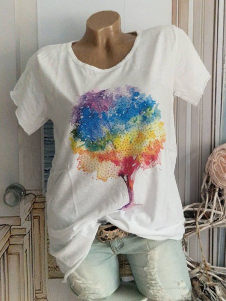 T-Shirt Shirt 36 38 40 42 Multicolor Baum Italy Nieten NEU weiss