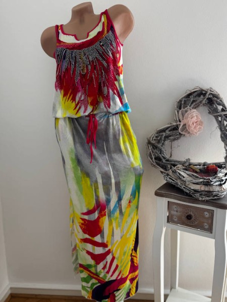 XL 42 MISSY Maxikleid Kleid Tunnelzug bunt rote Federn Print tiefe Taille Neu