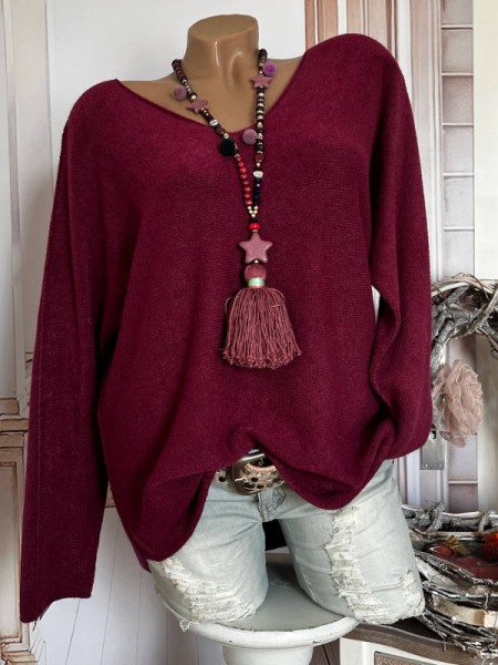 V-Neck Flausch Pullover Pulli lila beere 38-42 Neu Tunika Made in Italy