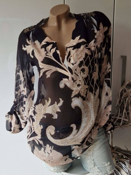 MISSY L 40 Tunika Bluse Turn up Ärmel schwarz beige cremeweiss Ornamente hinten Spitze Glitzer