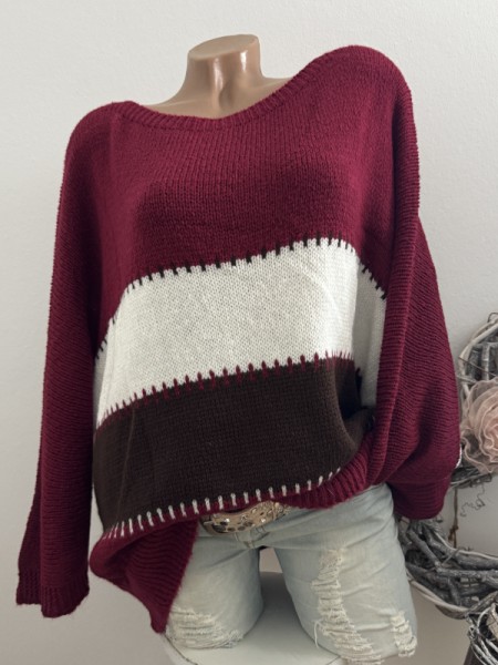 Fledermausarm Pullover Pulli bordeaux weiss 38-44 Neu Made in Italy