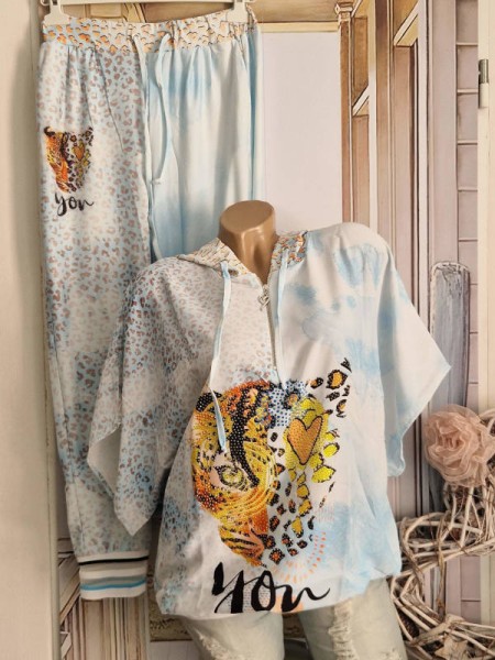 MISSY 2Tlg M 38 Jogginganzug Anzug hellblau Tiger Leo Joggpants Hose + Kapuzen Hoodie Tunika Glitzer