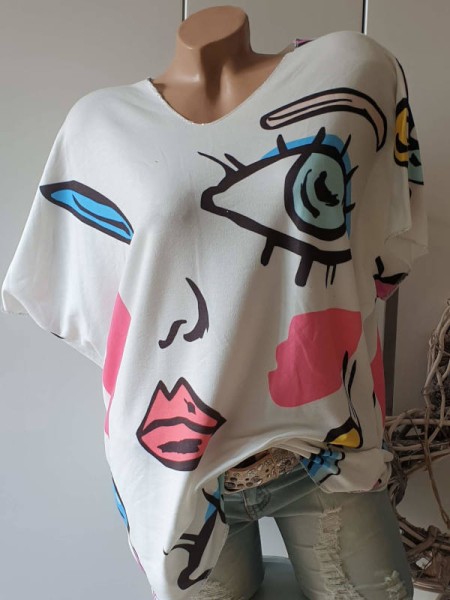 Kurzarm Tunika Shirt Lurexsaum weiss Abstrakter Print V-Neck 40 42 44 Italy NEU