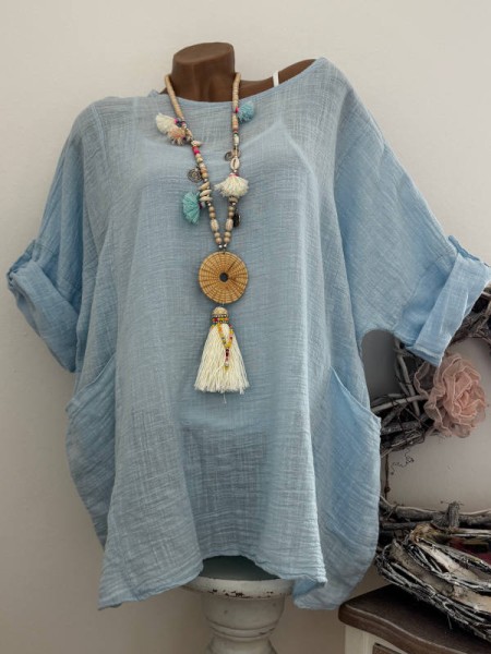 Tunika Bluse Tasche Musselin Baumwolle 42-46 hellblau Neu Made in Italy
