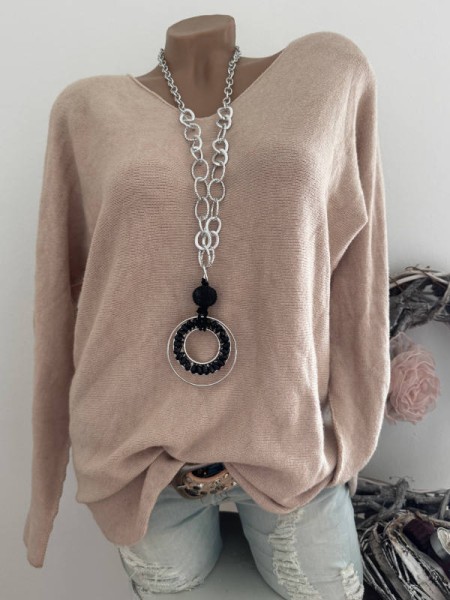 V-Neck Flausch Pullover Pulli beige 40-44 Neu Tunika Made in Italy