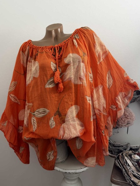weite Ärmel orange Tunika Bluse 38-48 Baumwolle Made in Italy