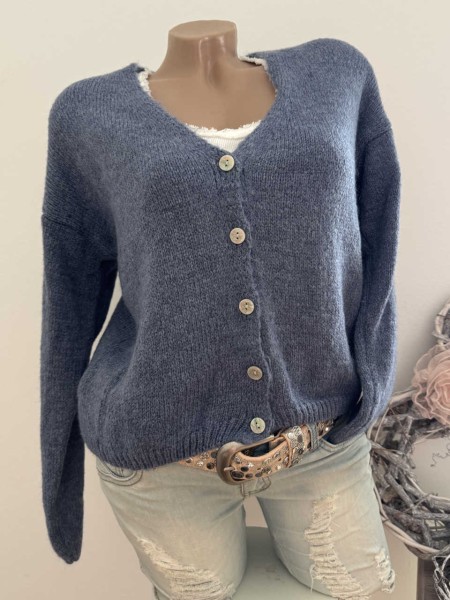 Strickjacke 36-42 Cardigan blau Knopfleiste Ärmel überschnitten Made in Italy