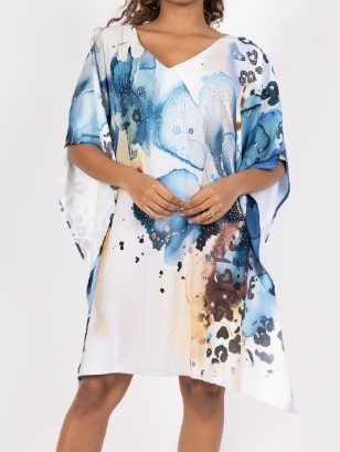 Kleid MISSY Onesize 36-42 weite Ärmel Tunika Kaftankleid blau weiss bunt NEU Glitzer Nieten