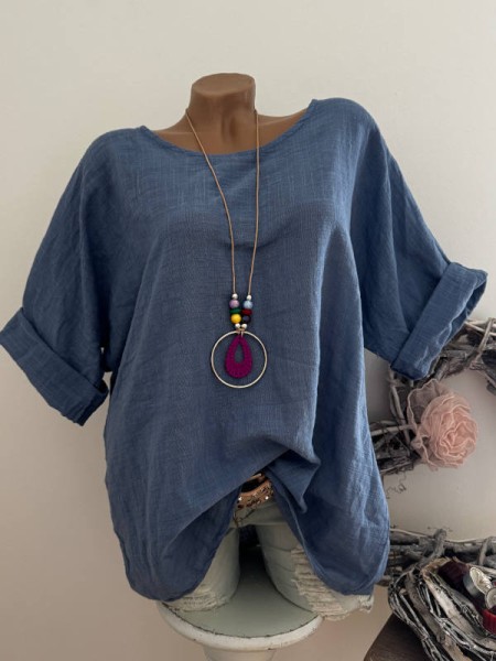 Bluse 2tlg Tunika jeansblau Musselin Baumwolle Made in Italy Neu 38-42