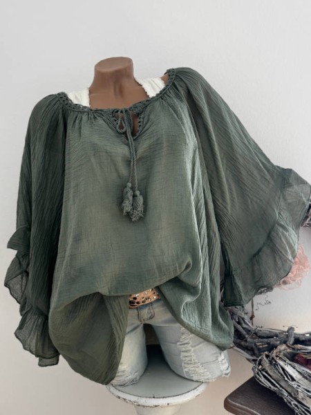 Tunika Bluse oliv grün weite Ärmel Bindebändchen 38-48 Made in Italy Neu