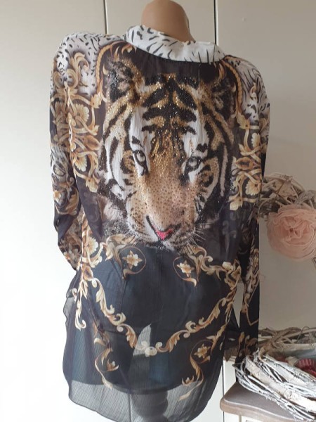 MISSY Bluse L 40 Hemdbluse Tunika zum knöpfen Tigerkopf viele Glitzer Nieten NEU