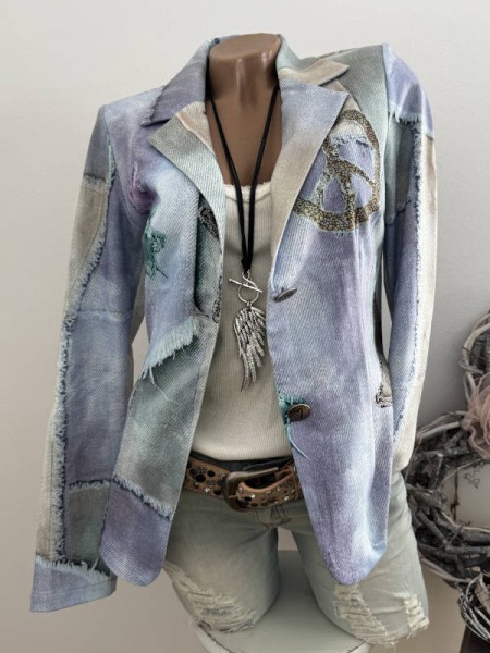 Neue Kollektion Blazer MISSY XL 42 Jackett Patchwork Destroyed Peace Print Glitzernieten