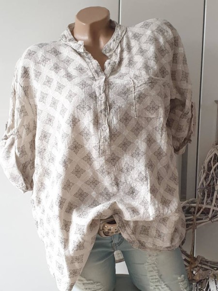 Made in Italy Bluse Fischerhemd Leinenoptik Hemdbluse 38-42 Tunika beige gemustert Baumwolle