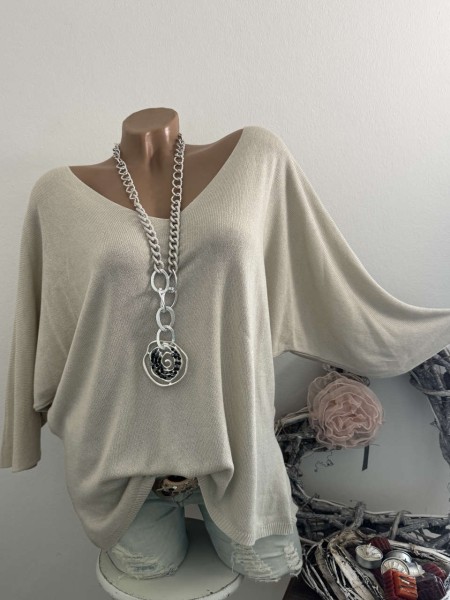 beige Tunika Glattstrick Pullover Oversized Italy 38-42 Fledermausarm 1/2 Arm