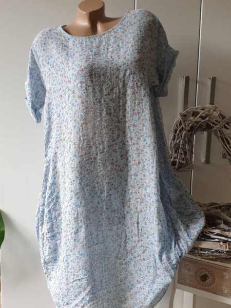 Ballonform Kleid Taschen 42 44 46 Kurzarmkleid Italy Tunika hellblau Millefleurs gemustert