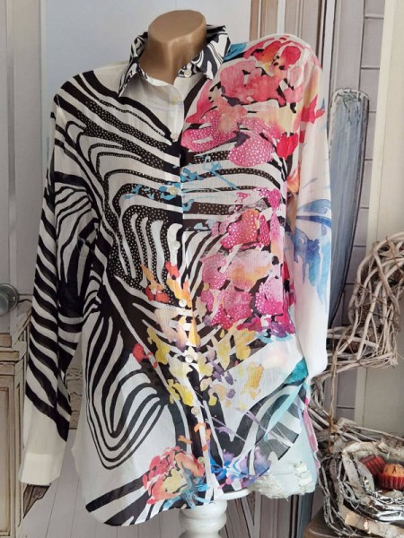 Hemdbluse MISSY XL 42 Bluse weiss bunt Animal floraler Print Tunika zum Knöpfen Glitzer NEU