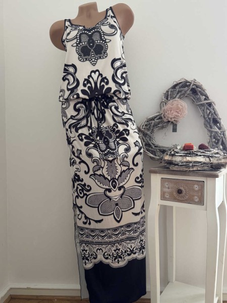 S 36 MISSY Maxikleid Kleid Tunnelzug Barock Print weiss schwarz tiefe Taille Neu Glitzersteinchen