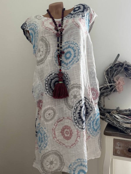 Kleid Kurzarm Made in Italy long Tunika weiss gemustert Taschen 38-42