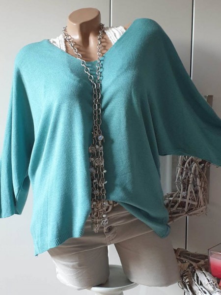 Tunika Feinstrick türkis Pullover Oversized Italy 38-42 Fledermausarm Kurzarm