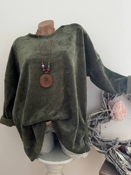 2tlg Cord Tunika oliv grün mit Kette Made in Italy 40-44 NEU Pullover