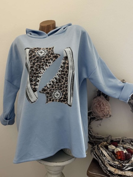 Long Sweatshirt NEU Made in Italy 40-44 hellblau "Sneakers" Motiv Tunika Longsleeve